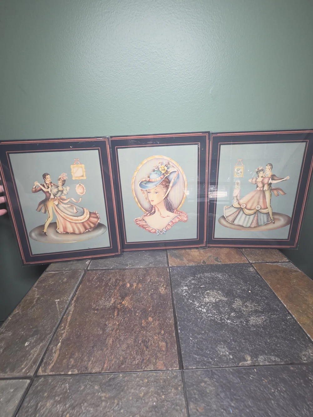 Vintage Style Trio Framed Wall Art - Green and Pink